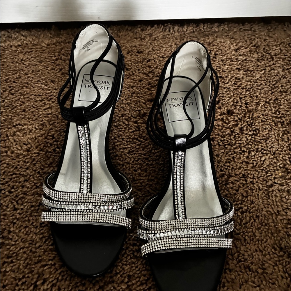New York Transit Black and Silver Strappy Heels